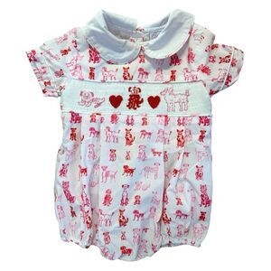 Ann + Reeves Baby 9M Puppy Love Smocked Printed Bubble Pink Dogs Evelyn Henson